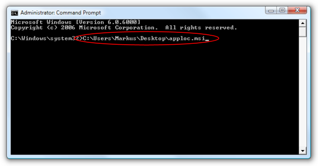 Screenshot of the command to lauch AppLoc.msi being entered in a DOS box