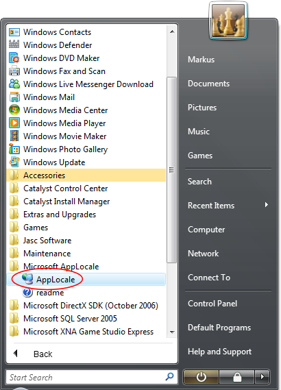 Screenshot of the Microsoft AppLocale in the Windows Start Menu
