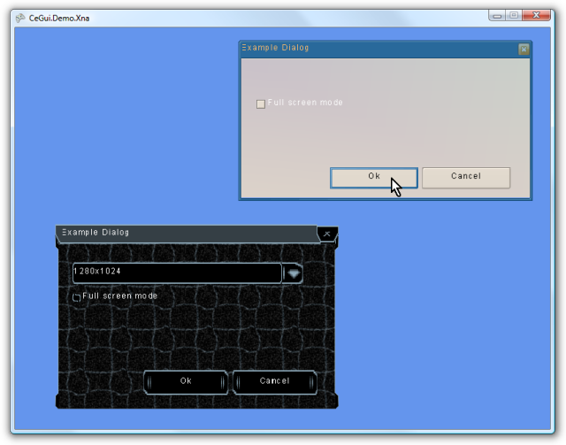 Screenshot of CEGUI# rendering its GUI into an XNA window