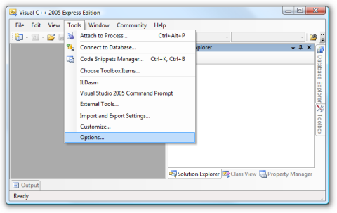 Screenshot of the options menu in Visual C++ 2005 Express with the settings entry selected