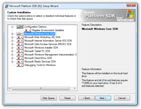 Screenshot of the Windows SDK installer with only the Core SDK selected