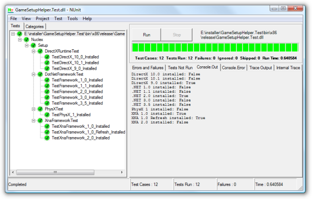 Screenshot of the NUnit GUI running some tests  detecting whether XNA framework is installed