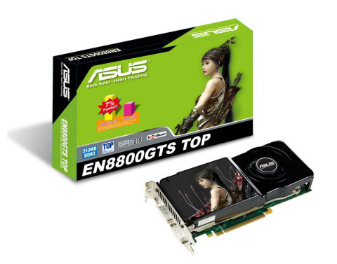 An Asus EN8800GTS TOP graphics card in front of its package