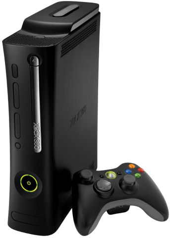 Photo of a Microsoft XBox 360 Elite in black with a black wireless controller