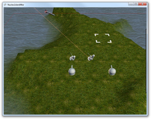 Screenshot of an island with flak buildings intercepting an incoming missile