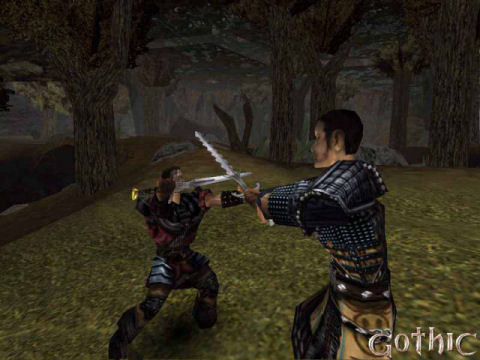 Screenshot from the first Gothic game showing two warriors dueling with swords