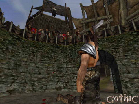 Screenshot from the first Gothic game showing a warrior who just won an arena fight