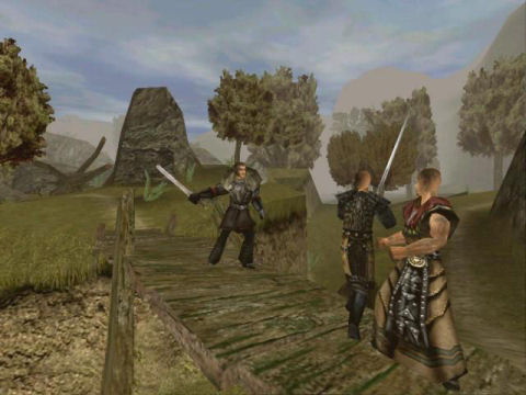 Screenshot from the first Gothic game showing a fight between 3 sword fighters on a bridge