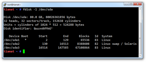 Screenshot of a linux console where fdisk reports 32 heads and 32 sectors