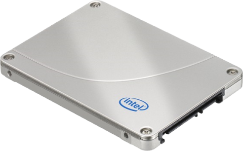 Photo of an Intel X25-M SSD drive, which is a metal box smaller than a CD case