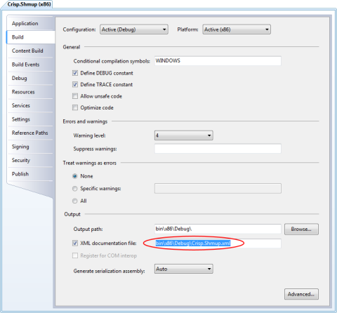 Image of the Visual C# project settings dialog with XML documentation enabled