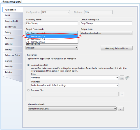 Image of the Visual C# project settings dialog with .NET 2.0 selected