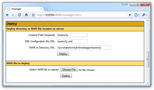 Screenshot depicting the 'deploy webapp' frame in the TomCat manager