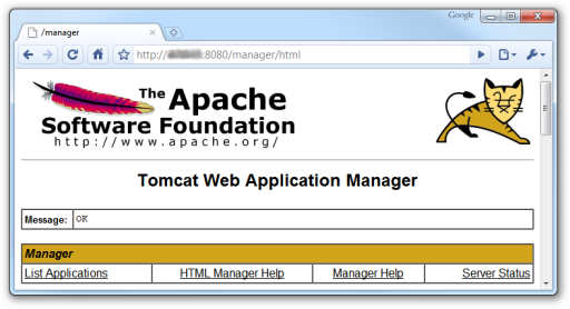 Welcome screen of the TomCat manager application in Google Chrome