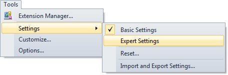 Picture of Visual Studio's Tools menu with the Settings submenu expanded