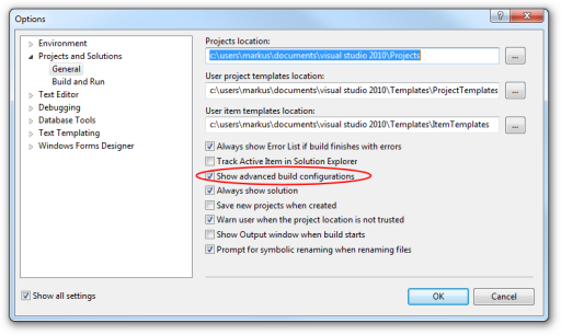 Visual Studio's options dialog showing the Projects and Solutions page