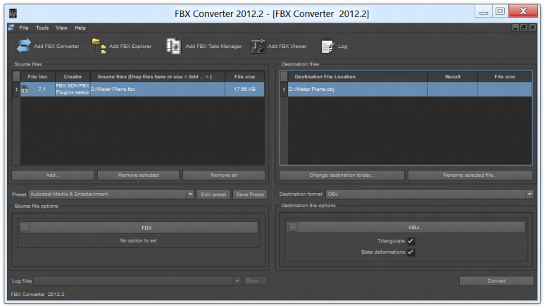 Autodesk FBX Converter with Unity's standard water plane mesh loaded