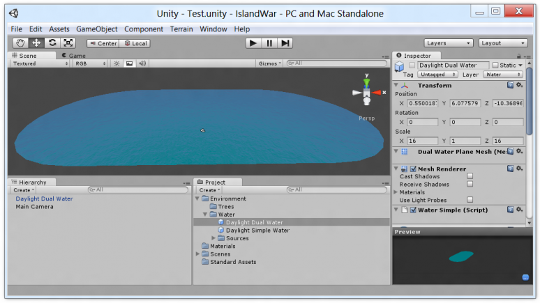 Unity editor with default water effect now using the elongated water plane