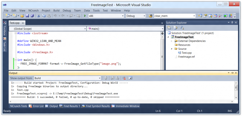 Screenshot of Visual C++ compiling a project and automatically copying referenced binaries into the build target directory