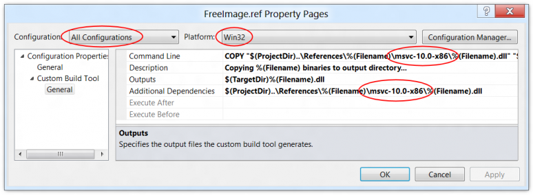 Screenshot showing how to configure custom build steps for a binary in Visual C++