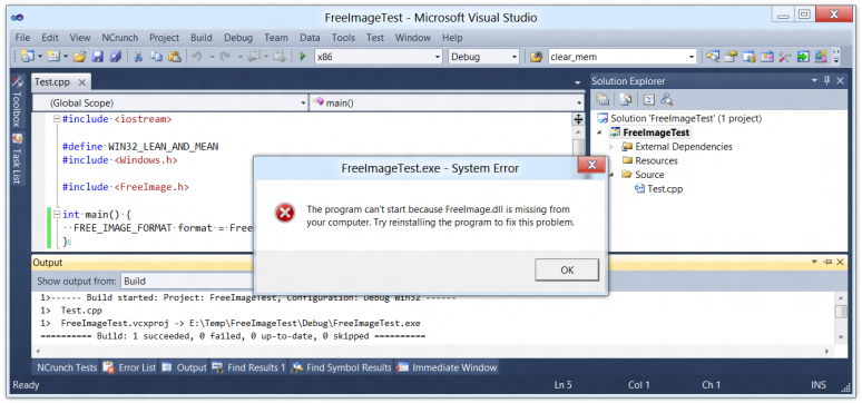 Screenshot of Visual C++ with Windows complaining about a missing DLL