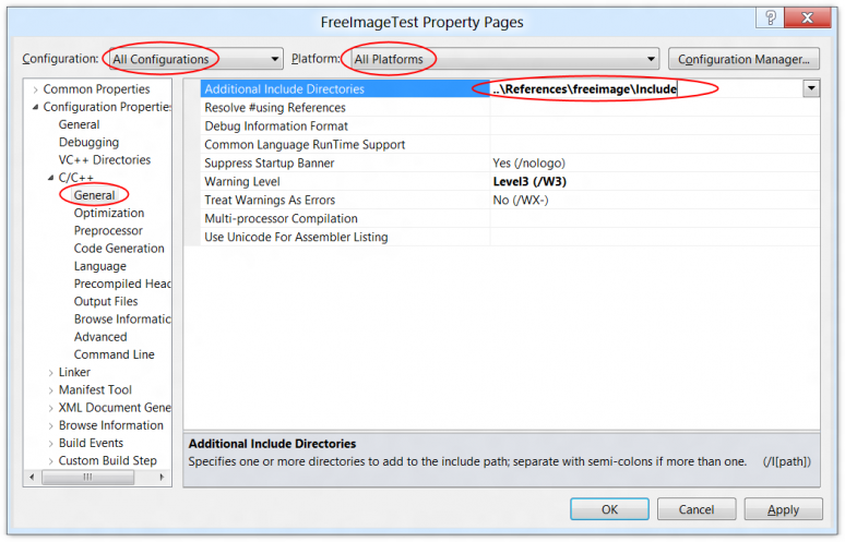 Screenshot of the additional include directories in the project settings of Visual C++