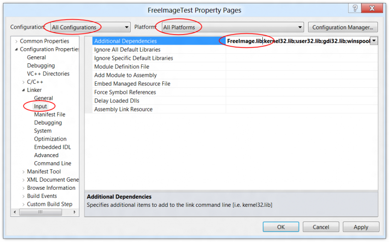 Screenshot of the additional dependencies in the Visual C++ project settings