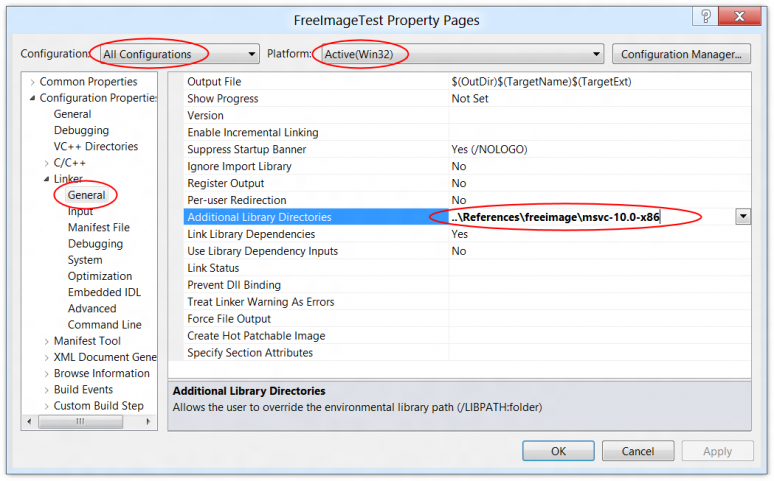 Screenshot of the library directories in the Visual C++ project settings