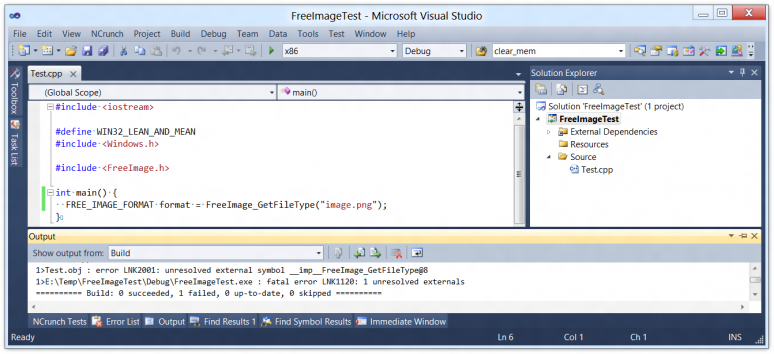 Screenshot of Visual C++ complaining about unresolved external symbols