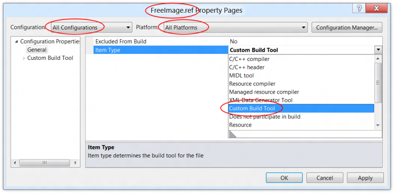 Screenshot showing how to add custom build steps to a file in Visual C++