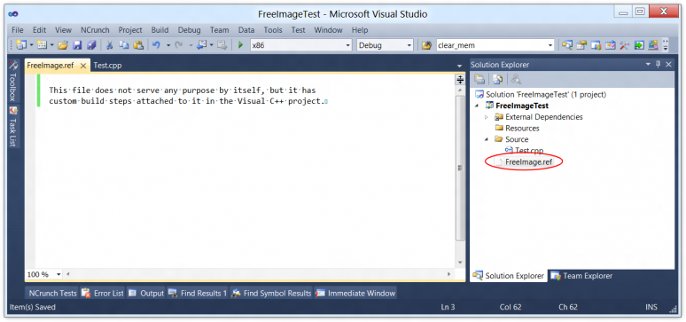 Screenshot of Visual C++ with a Ref file for FreeImage added to the project