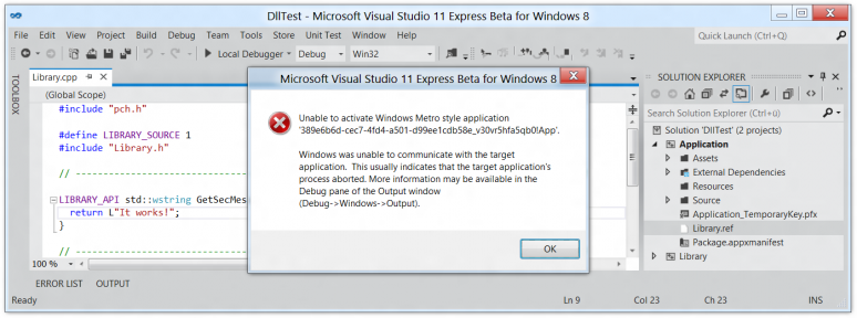 Screenshot of Visual Studio 11 reporting an activation error on a WinRT/Metro application