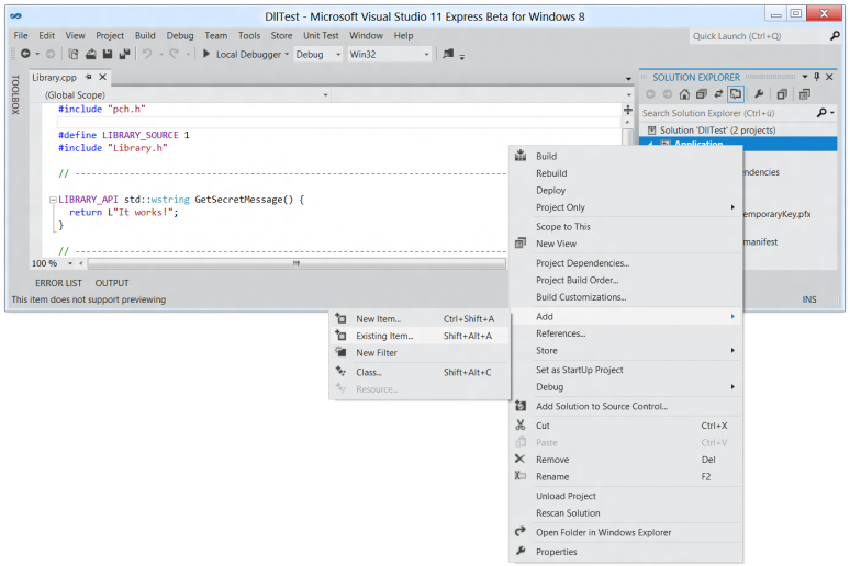 Screenshot of the context menu used to add existing items to a project in Visual Studio 11