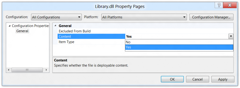 Screenshot of the deployable content property for a file in a Visual Studio 11 project