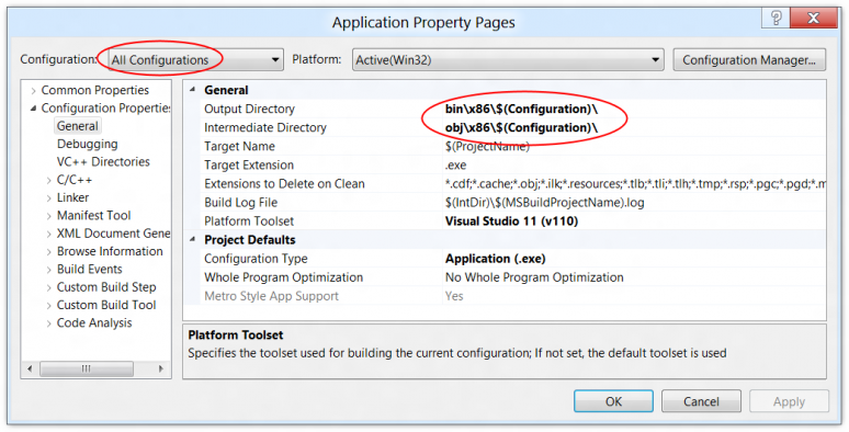 Screenshot showing where to find the output directory setting in a Visual Studio 11 project