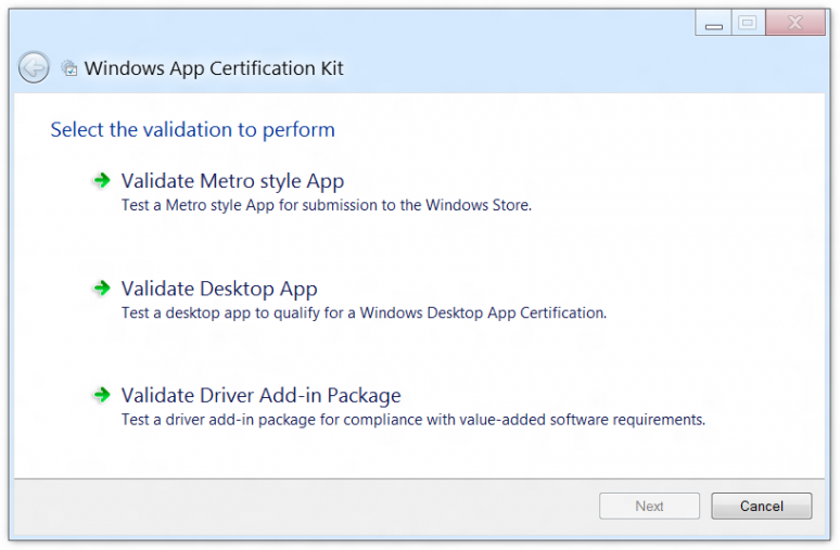 Screenshot of the main dialog of the Windows App Certification Kit (ACK)