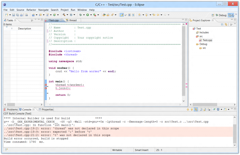 Screenshot of the Eclipse IDE compiling a C++ project using MingW