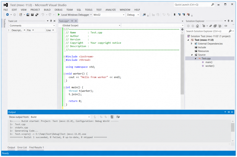 Screenshot of Visual Studio 2012 RC compiling a C++11 project