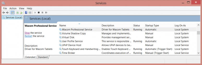 Wacom Service in the Services Manager