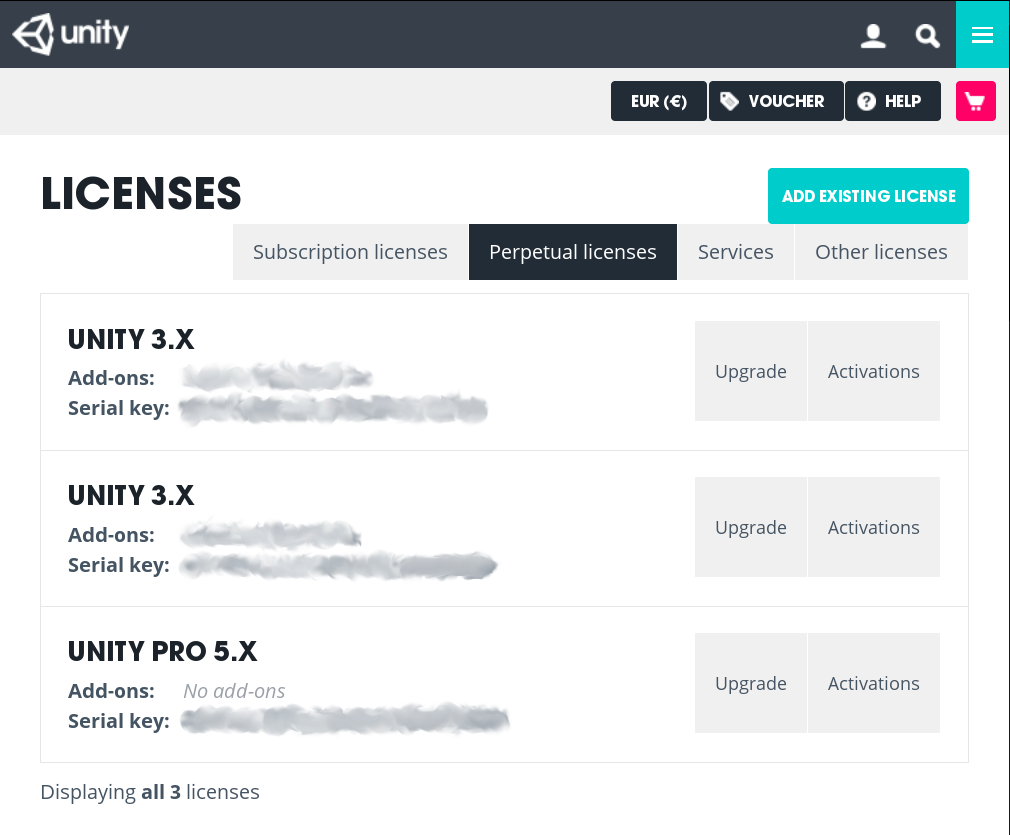 Screenshot of my Unity licenses, showing two 3.x and one 5.x Pro license