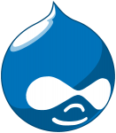 The Drupal logo, a blue water drop with a face, the eyes forming an infinity sign