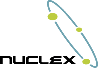 Logo of the Nuclex Framework, the text "Nuclex" with three green dots on a blue ring