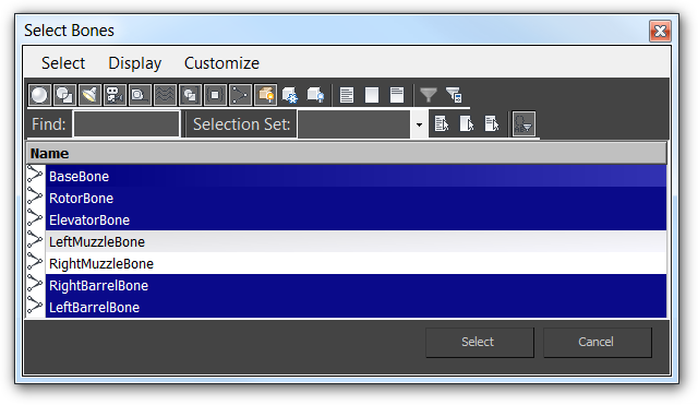 Screenshot of the Add Bones dialog for the Skin modifier with some bones selected