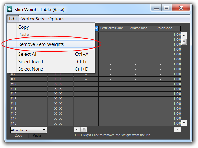 Screenshot of the Remove Zero Weights option in the Weight Table dialog's Edit menu