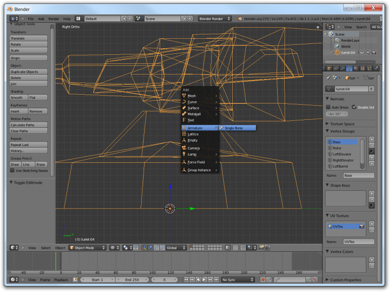 Screenshot of Blender showing how to add the root bone to the model