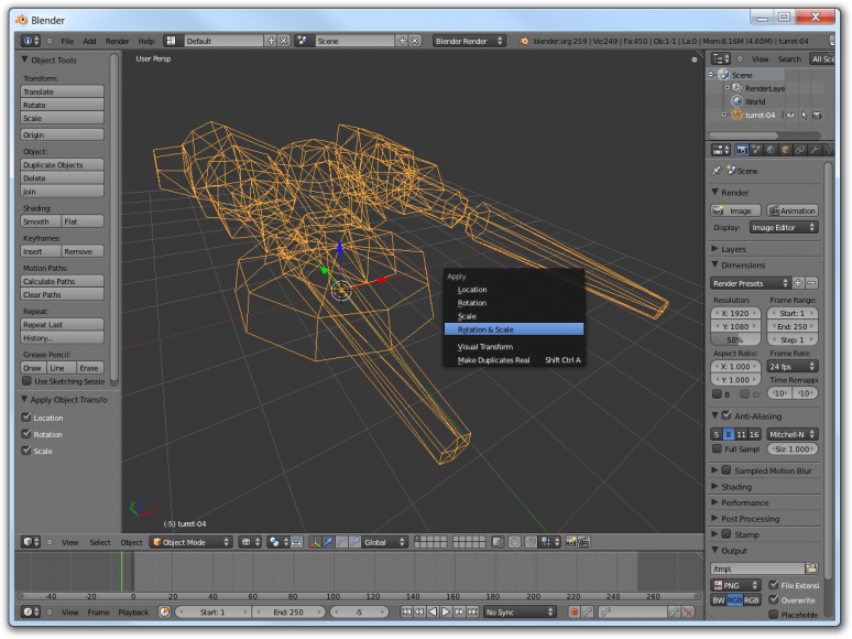 Screenshot of Blender showing how to bake transforms into the mesh