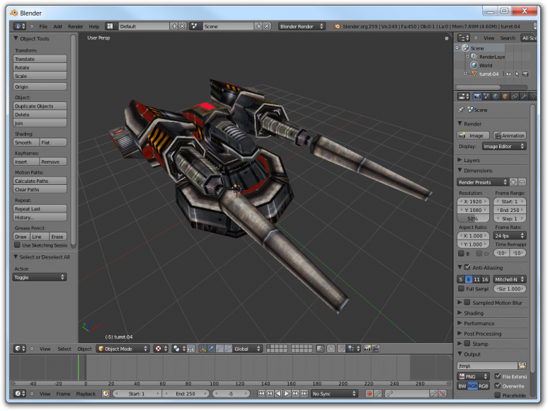 Screenshot of Blender with the imported turret model