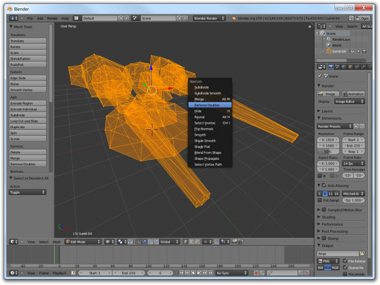 Screenshot of Blender showing how to remove duplicated vertices